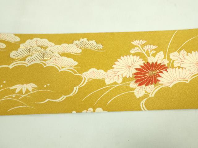 平和屋着物□極上 九寸名古屋帯 駒刺繍 立波花文 山吹茶色