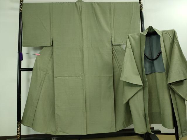 平和屋本店■極上　男性　結城紬　アンサンブル　長羽織　単衣　100亀甲　総詰め　深川鼠色地　逸品　DZAA8061kh5