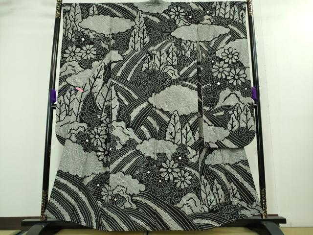 平和屋本店■極上　振袖　総絞り　雲取り立波花文　黒地　逸品　DZAA8165kh5
