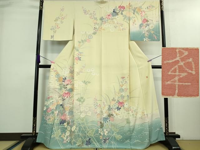 平和屋本店■極上　本加賀友禅作家　茶谷孝志　訪問着　枝花文　暈し染め　砥粉色地　逸品　DZAA8176kh5