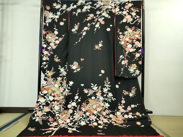 平和屋本店■極上 お引きずり・お引き摺り・引き振袖 和装 結婚式 舞妓 芸妓 芸者 糸車 花笠 宝尽くし 黒地 金彩 逸品 未使用　DZAA8223kh5