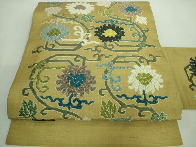 4k2007 名古屋帯　絹　夏物　夏帯　羅　三越　青　緑　黄色　柄物　和装　着物 4k2007 名古屋帯 絹 夏物 夏帯 羅 三越 青 緑 黄色 柄物 和装 着物