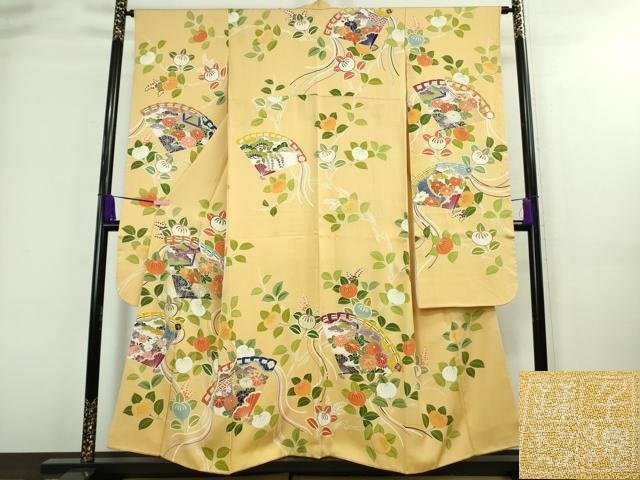 平和屋本店■極上　創業460年・千總　振袖　駒刺繍　檜扇橘花文　卵色地　金彩　逸品　DZAA8334kh5