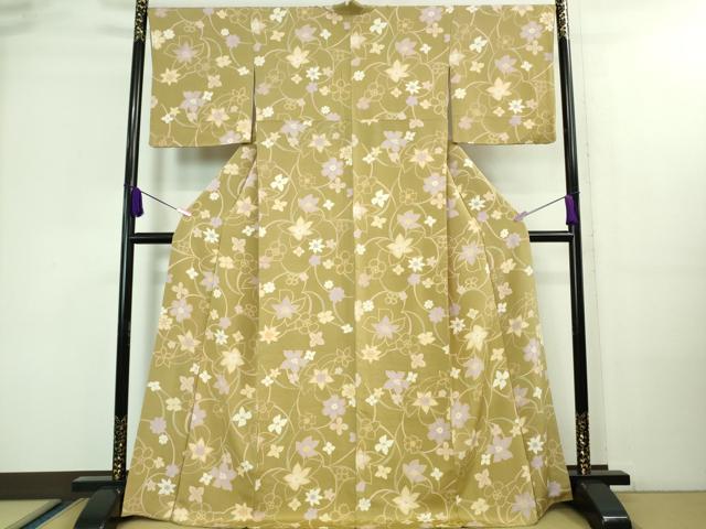 平和屋着物□極上 小紋 花尽くし 榛色地 鬼しぼ縮緬 逸品 DZAA8460kh5