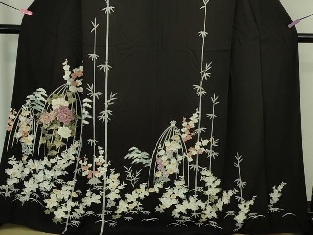 平和屋着物□極上 訪問着 駒刺繍 吉祥花文 暗黒色地 金彩