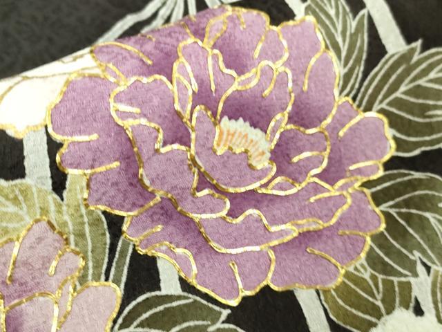 平和屋着物□極上 訪問着 駒刺繍 吉祥花文 暗黒色地 金彩