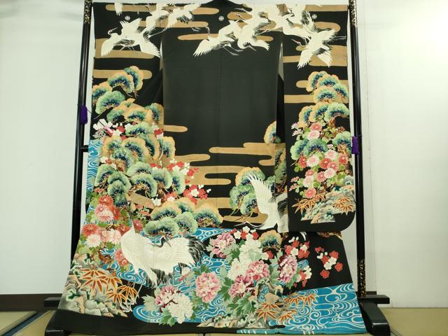 平和屋本店■極上　アンティーク　大正ロマン　振袖　飛鶴吉祥花文　黒地　金彩　逸品　DZAA8504kh5