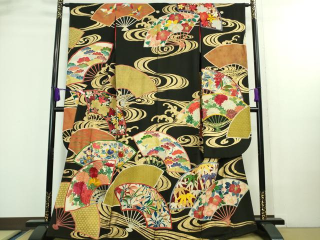 平和屋本店■極上　アンティーク　大正ロマン　振袖　駒刺繍　手刺繍　扇面流水花文　黒地　金彩　逸品　DZAA8505kh5