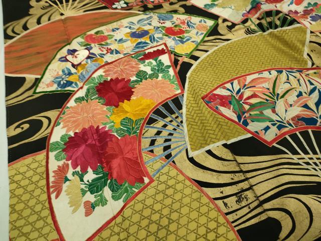平和屋本店□極上 アンティーク 大正ロマン 振袖 駒刺繍 手刺繍 扇面流水花