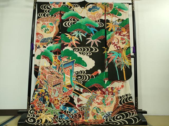 平和屋本店■極上　アンティーク　大正ロマン　振袖　お引きずり・お引き摺り　駒刺繍　御所車檜扇松文　黒地　金彩　逸品　DZAA8510kh5