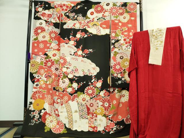 平和屋着物■極上　アンティーク　大正ロマン　振袖・長襦袢(半衿刺繍・袷)セット　駒刺繍　雲取り吉祥花文　黒地　逸品　DZAA8511kh5