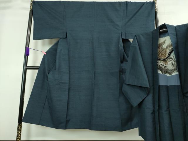 平和屋着物■極上　男性　紬　アンサンブル　長羽織　色無地　藍鉄色　羽裏・鷹　逸品　DZAA8534kh5