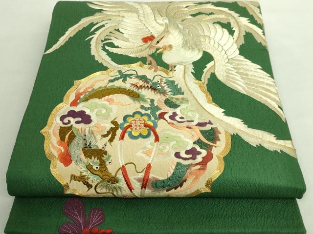 平和屋着物■極上　アンティーク　大正ロマン　丸帯　引き抜き帯　総手刺繍　鳳凰　龍　金糸　逸品　DZAA8551kh5