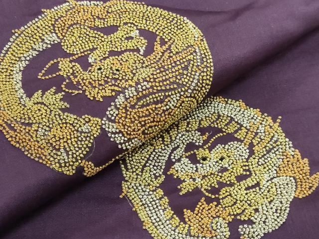 平和屋着物■極上　アンティーク　大正ロマン　九寸名古屋帯　相良刺繍　総刺繍　龍　桑の実色地　金銀糸　逸品　DZAA8554kh5 平和屋着物□極上 アンティーク 大正ロマン 九寸名古屋帯 相良刺繍 総