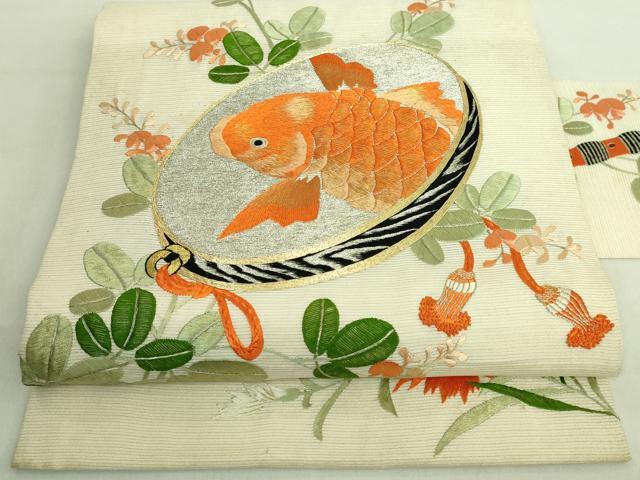 平和屋本店■極上　夏物　アンティーク　大正ロマン　九寸名古屋帯　総手刺繍　鯉　逸品　DZAA8556kh5