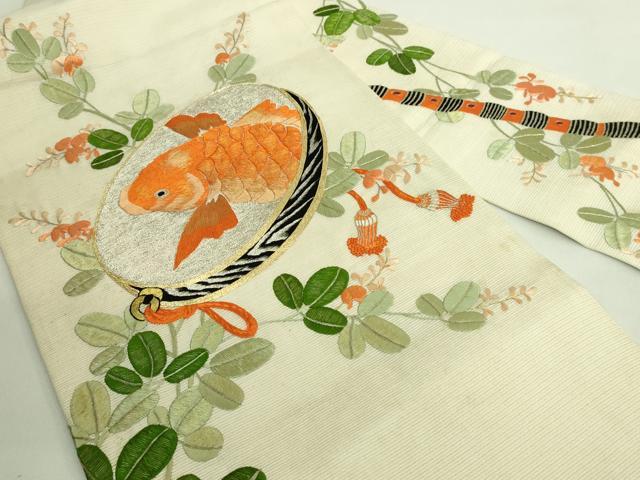 平和屋本店■極上　夏物　アンティーク　大正ロマン　九寸名古屋帯　総手刺繍　鯉　逸品　DZAA8556kh5 平和屋本店□極上 夏物 アンティーク 大正ロマン 九寸名古屋帯 総手刺繍