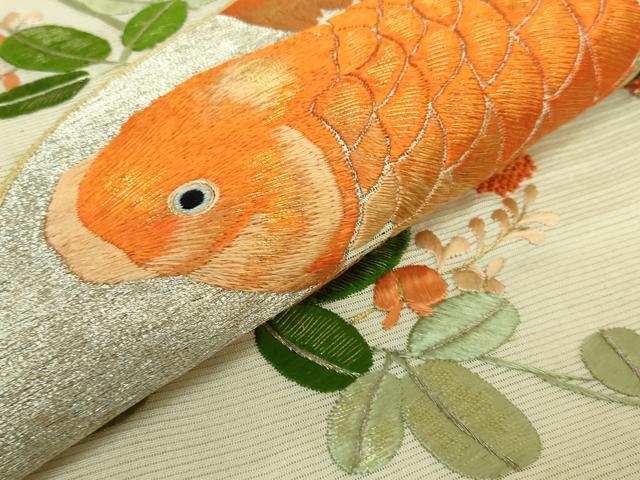 平和屋本店■極上　夏物　アンティーク　大正ロマン　九寸名古屋帯　総手刺繍　鯉　逸品　DZAA8556kh5 平和屋本店□極上 夏物 アンティーク 大正ロマン 九寸名古屋帯 総手