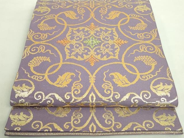 平和屋本店■最高級　夏物　龍村平蔵製　六通柄　本袋帯　葡萄唐草錦　葡萄鼠色地　金糸　逸品　DZAA8572kh5