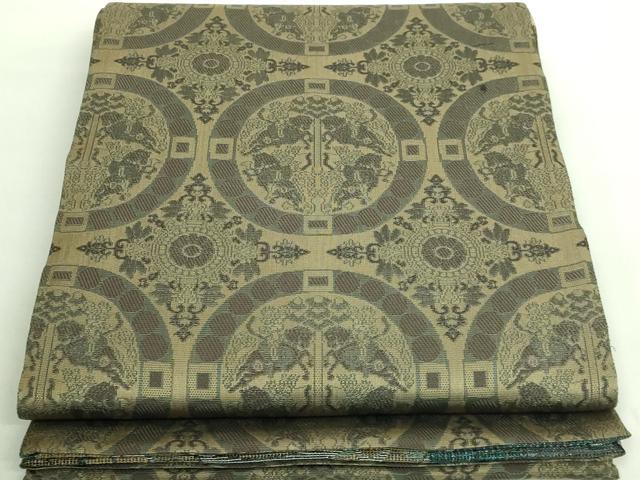 平和屋着物□極上 両面 六通柄袋帯 モール 螺鈿箔 孔雀羽文