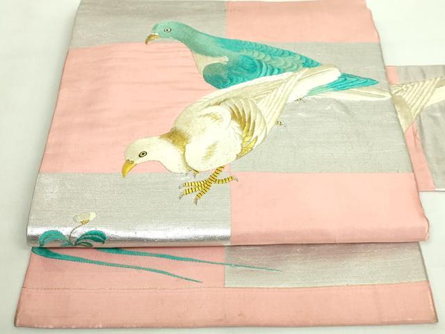 平和屋着物■極上　アンティーク　大正ロマン　九寸名古屋帯　総手刺繍　鳩　ハト　金銀糸　逸品　DZAA8586kh5