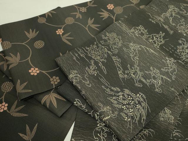 平和屋着物■極上　両面　両方向　全通柄袋帯　鳥獣戯画　笹蔓緞子　さが美扱い　逸品　DZAA8615kh5