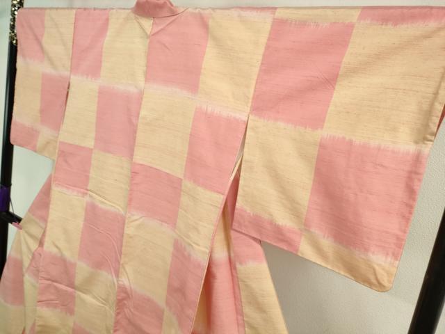 平和屋本店□極上 紅花紬 米沢 新田秀次 紅花染 市松文様 ロング丈