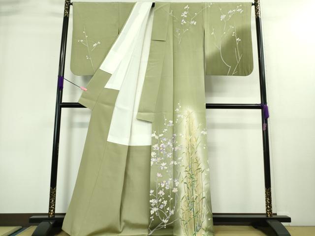 平和屋着物■極上　訪問着　友禅　作家物　枝花文　暈し染め　柳茶色地　逸品　DZAA8686kh5 平和屋着物□極上 訪問着 友禅 作家物 枝花文 暈し染め