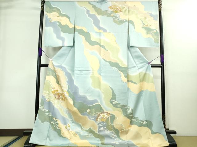 平和屋本店■極上　創業460年・千總　訪問着　駒刺繍　檜扇　貝合わせ　白藍色地　暈し染め　金彩　ロング丈　逸品　DZAA8692kh5