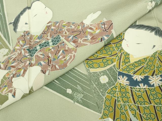 平和屋本店■極上　二代目・由水十久　本加賀友禅　訪問着　喜華　童子　白緑色地　逸品　DZAA8699kh5_5