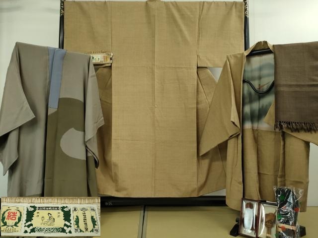 平和屋本店■極上 男性 本場結城紬 重要無形文化財 長羽織・長襦袢・兵児帯・羽織紐・足袋セット キングサイズ 証紙付 逸品 DZAA8745kh5