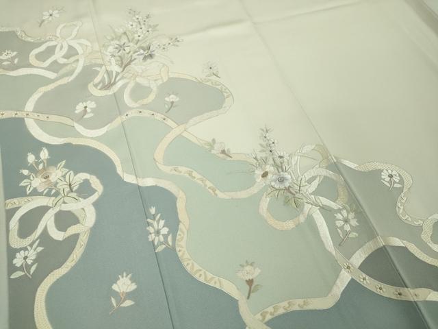 平和屋本店□極上 訪問着 総刺繍 結び紐 草花文 象牙色地