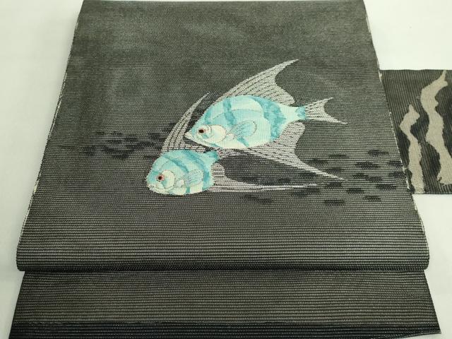 平和屋着物■極上　夏物　アンティーク　大正ロマン　九寸名古屋帯　エンゼルフィッシュ　黒地　銀糸　逸品　DZAA8764kh5