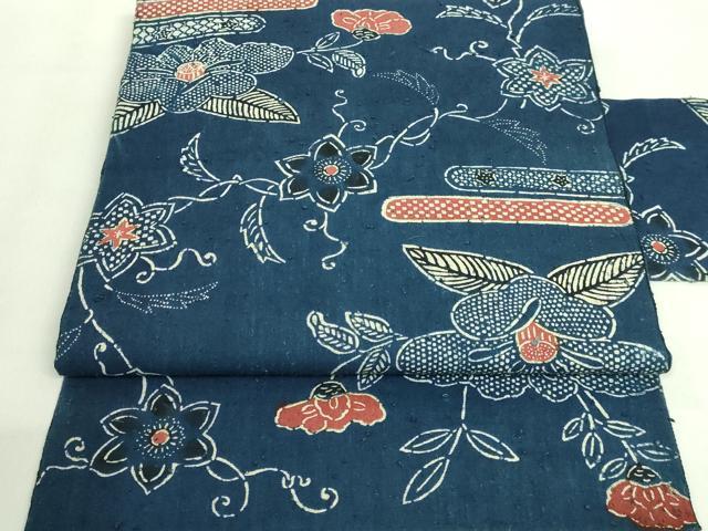 平和屋本店■極上　浦野理一　経節紬　九寸名古屋帯　型染め　枝花文　逸品　DZAA8815kh5