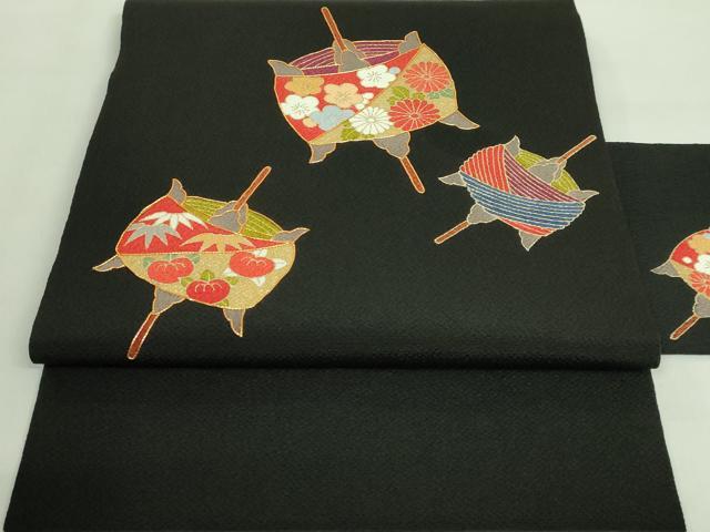 平和屋着物■極上　九寸名古屋帯　駒刺繍　糸車花文　黒地　金彩　逸品　DZAA8816kh5