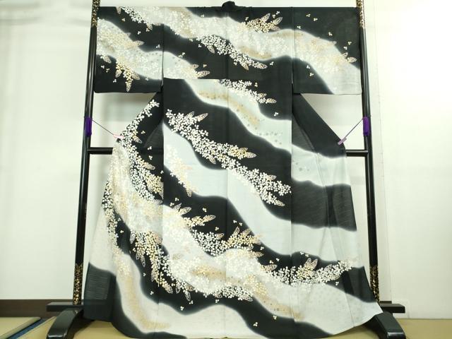 平和屋本店□極上 夏物 訪問着 市松紋絽 駒刺繍 花萩文