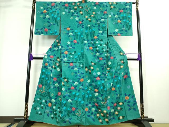 平和屋本店□極上 工芸訪問着 紬地 手描き 草花文 青緑色地