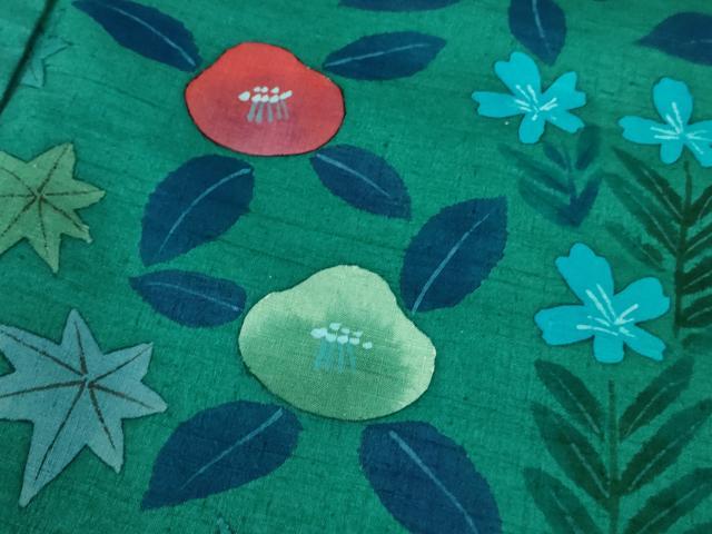 平和屋本店□極上 工芸訪問着 紬地 手描き 草花文 青緑色地