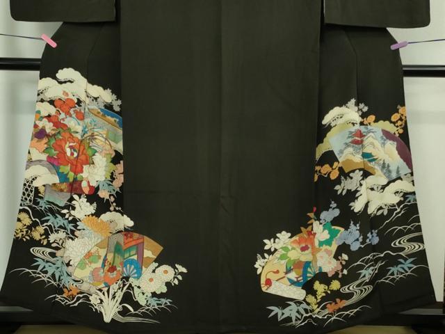 平和屋着物□極上 アンティーク 大正ロマン 黒留袖 御所車吉祥花絵巻