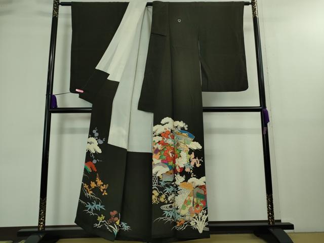 平和屋着物□極上 アンティーク 大正ロマン 黒留袖 御所車吉祥花絵巻