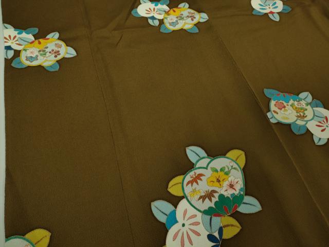 平和屋着物○極上 小紋 橘 鶯茶色地 金彩 鬼しぼ縮緬 ロング丈 逸品