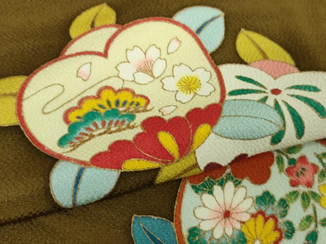 平和屋着物■極上　小紋　橘　鶯茶色地　金彩　鬼しぼ縮緬　ロング丈　逸品　DZAA8899kh5 平和屋着物○極上 小紋 橘 鶯茶色地 金彩 鬼しぼ縮緬 ロング丈 逸品