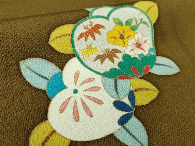 平和屋着物○極上 小紋 橘 鶯茶色地 金彩 鬼しぼ縮緬 ロング丈 逸品