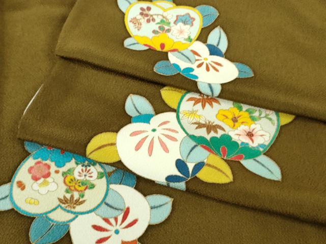 平和屋着物○極上 小紋 橘 鶯茶色地 金彩 鬼しぼ縮緬 ロング丈 逸品