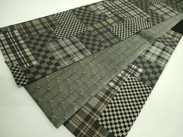 平和屋着物■極上　染色作家　斉藤三才　両面　六通柄袋帯　変わり市松格子　三才鳥　黒地　金銀糸　上代41万　反端付　逸品　DZAA9024kh5 平和屋着物□極上 染色作家 斉藤三才 両面 六通柄袋帯 変わり市松