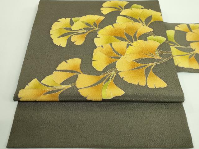 平和屋着物■極上　名門染元　秀美　十日町友禅　九寸名古屋帯　刺繍　銀杏　イチョウ　海松茶色地　金彩　鬼しぼ縮緬　逸品　DZAA9047kh5