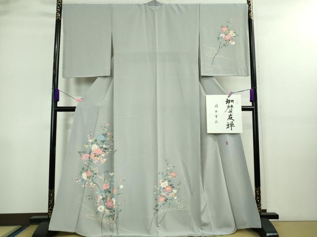 平和屋着物■極上　本加賀友禅作家　岡本幸治　訪問着　枝菊　灰青色地　色紙・反端付き　逸品　DZAA9051kh5