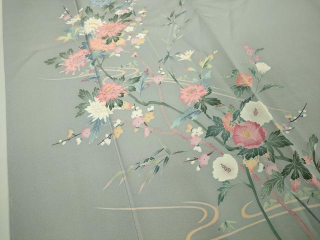 平和屋着物□極上 本加賀友禅作家 岡本幸治 訪問着 枝菊 灰