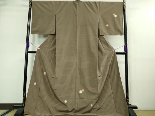 平和屋着物■極上　訪問着　お召地　ロング丈　吉野間道　丸文　銀煤竹色地　金彩　逸品　DZAA9197kh5