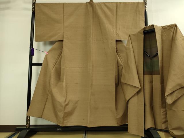 平和屋本店■極上　男性　紬　アンサンブル　キングサイズ　長羽織　色無地　朽葉色　逸品　DZAA9215kh5