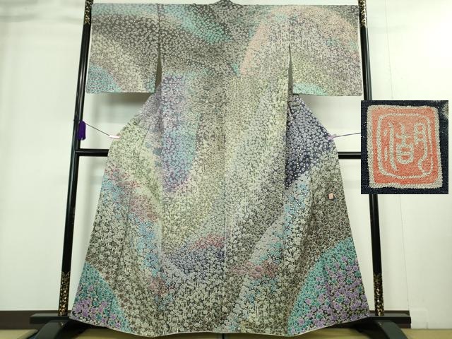 平和屋着物●京加賀友禅　松本健一　色留袖　草花文　暈し染め　正絹　逸品　DAAY9624az 平和屋着物▽京加賀友禅 松本健一 黒留袖 松文 暈し染め 正絹